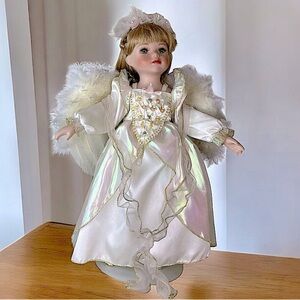 Porcelain Vintage Angel Doll with Stand White Satin Dress Gold Trim Wings 17”
